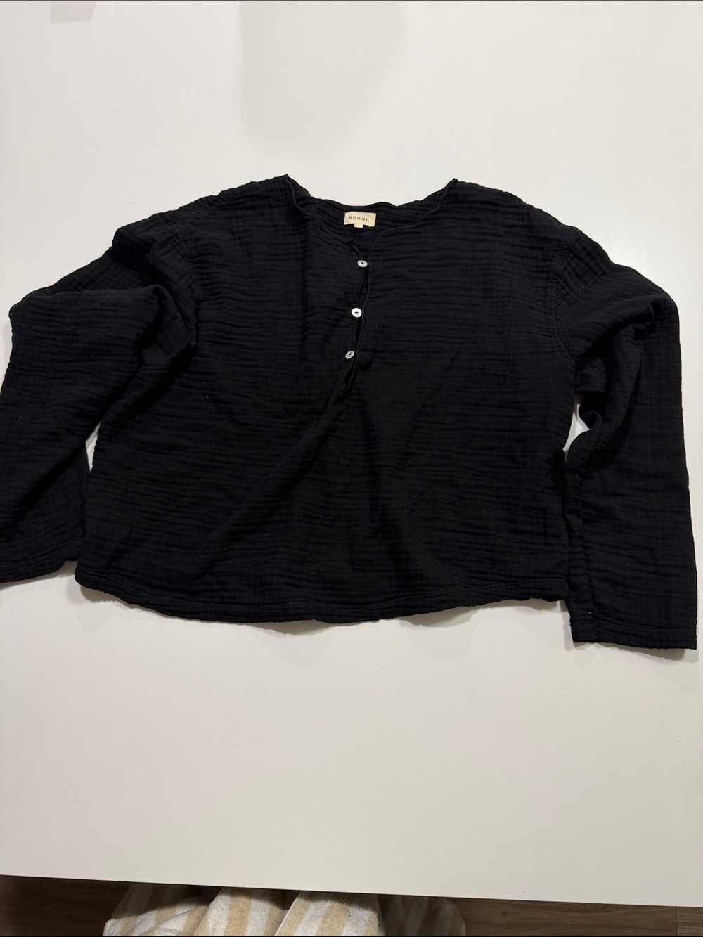 Donni boxy long sleeve gauze top with pearl buttons